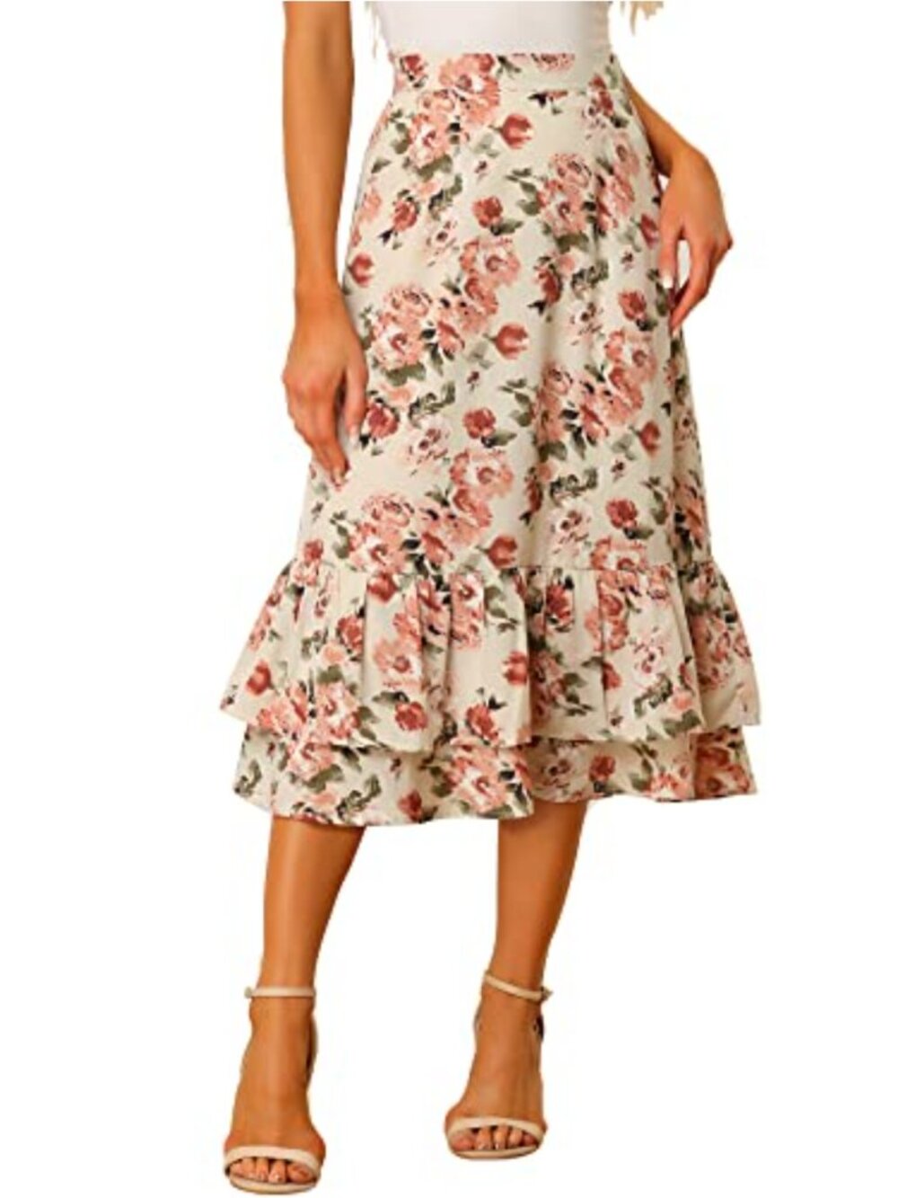 Allegra K Floral Print Chiffon Ruffle Tiered Midi Skirt High Waist Flow